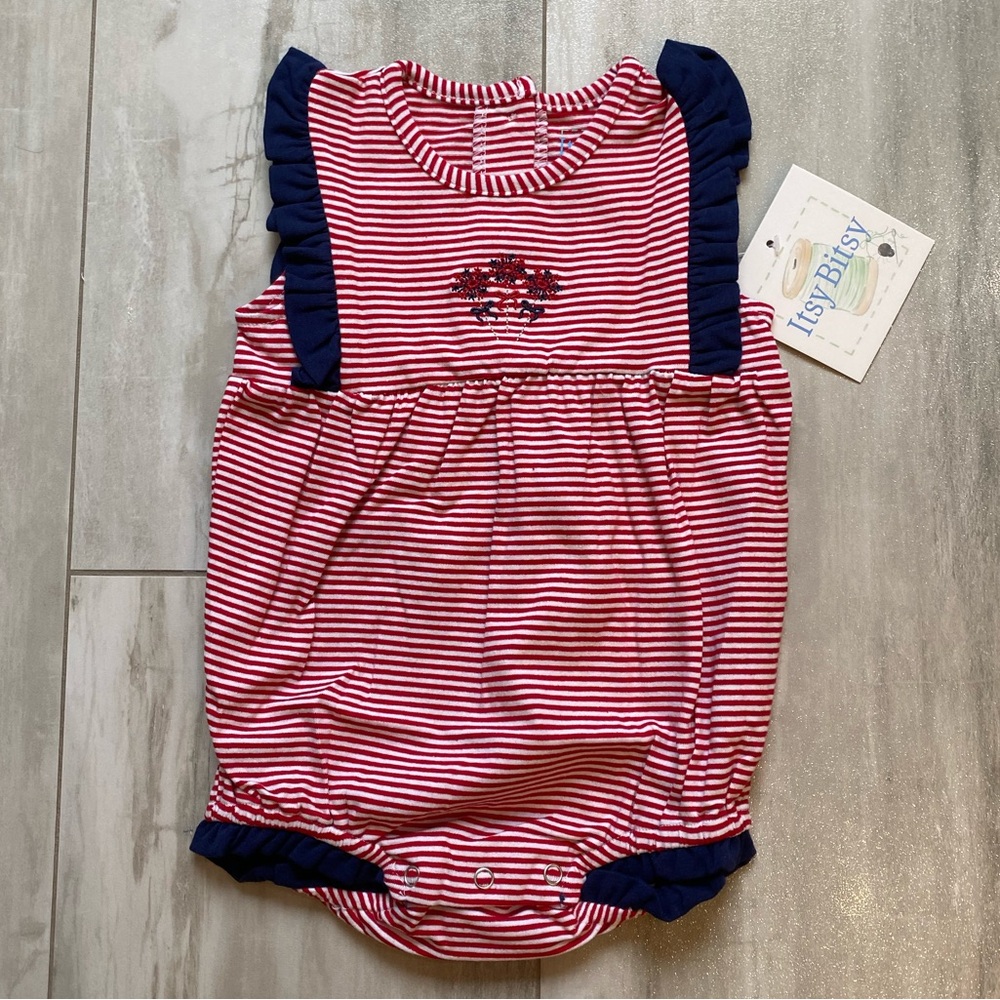 Red & White Stripe Baby Romper with Navy Ruffle